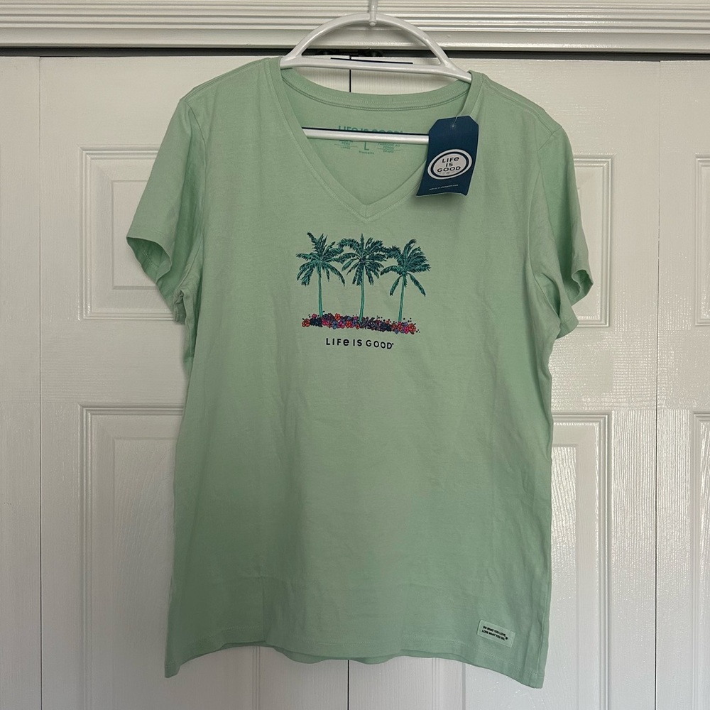 Life is Good Palm Trees Beach Crusher T Shirt Green Women’s Large New NWT